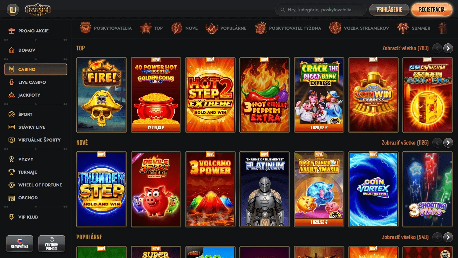 Gransino Casino desktop games selection with slots, live casino and jackpot titles