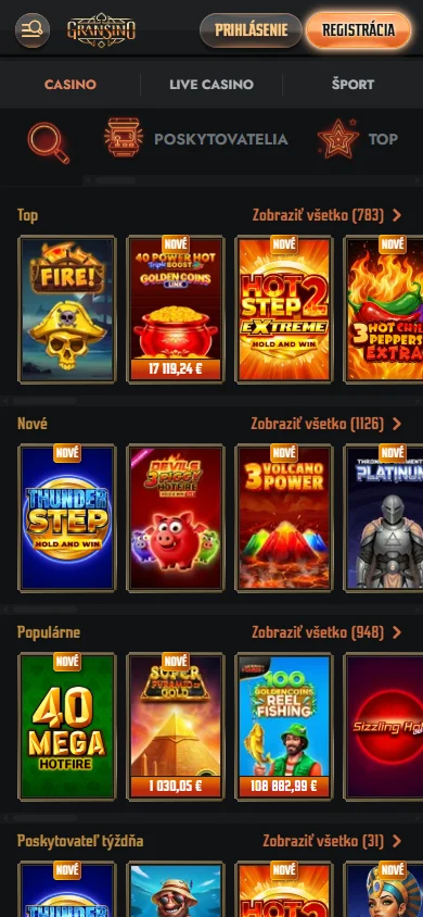 Gransino Casino mobile games selection with casino and live titles