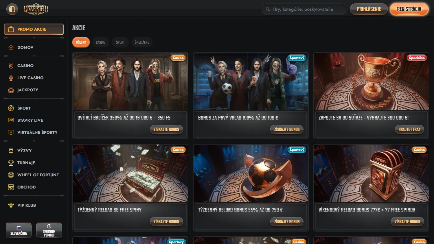 Gransino Casino desktop promotions area with welcome, reload and sportsbook offers