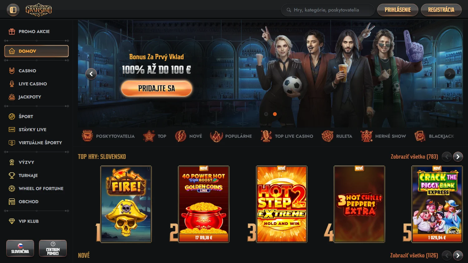 Gransino Casino desktop home with casino, sportsbook, promotions and cashier access